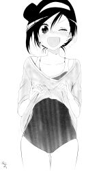 1girl bare_shoulders blush bokutachi_wa_benkyou_ga_dekinai clothes_lift collarbone flat_chest furuhashi_fumino groin highres long_hair looking_at_viewer mole mole_under_eye monochrome one-piece_swimsuit one_eye_closed shirt shirt_lift simple_background smile solo swimsuit t-shirt thigh_gap thighs