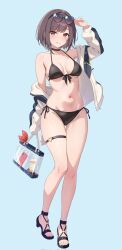 1girl adjusting_eyewear arm_at_side arm_up bag bare_shoulders bikini black_bikini black_choker blue_background blush breasts breasts_apart brown_eyes brown_hair choker cleavage closed_mouth collarbone commentary_request corrupted_twitter_file eyewear_on_head feet frilled_choker frills front-tie_bikini_top front-tie_top full_body gluteal_fold groin halterneck hand_on_eyewear hand_up heart heart-shaped_eyewear heart_o-ring high_heels highres holding holding_bag jacket legs long_sleeves looking_at_viewer loulis_0115 medium_breasts navel o-ring o-ring_footwear o-ring_thigh_strap off_shoulder open_clothes open_jacket project_sekai sandals shinonome_ena short_hair side-tie_bikini_bottom sidelocks simple_background skindentation sleeves_past_fingers sleeves_past_wrists smile solo standing stomach strappy_heels string_bikini sunglasses swimsuit thigh_gap thigh_strap thighs toenails toes white_jacket