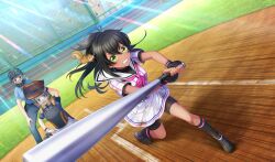 3girls akino_komugi arm_up baseball baseball_bat baseball_glove baseball_stadium baseball_uniform belt bike_shorts_under_skirt black_belt black_footwear black_gloves black_hair black_shorts black_socks black_undershirt blue_shirt catcher&#039;s_mask catcher_(baseball) chest_protector cinderella_series clenched_teeth dutch_angle film_grain fingerless_gloves full_body game_cg gloves green_eyes grey_pants hachigatsu_no_cinderella_nine high_ponytail highres holding holding_baseball_bat light_particles light_rays long_hair metal_baseball_bat multiple_girls neckerchief non-web_source official_art open_mouth outdoors pants pink_neckerchief playing_sports pleated_skirt ponytail satogahama_baseball_uniform shin_guards shirt shirt_under_shirt short_sleeves shorts skirt socks solo_focus sportswear squirrel standing striped_belt striped_clothes striped_shirt sunbeam sunlight swinging teeth umpire v-shaped_eyebrows vertical-striped_clothes vertical-striped_shirt white_gloves wristband