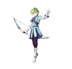 1boy absurdres belt blue_jacket boots bow_(weapon) closed_mouth commentary_request fire_emblem fire_emblem:_the_sacred_stones fire_emblem_heroes full_body gloves green_eyes green_hair highres holding holding_bow_(weapon) holding_weapon innes_(fire_emblem) innes_(frelian_moonlight)_(fire_emblem) jacket kano_akira knee_boots long_sleeves looking_at_viewer male_focus nintendo official_art pants purple_pants sash second-party_source shirt short_hair shoulder_sash simple_background solo standing tachi-e weapon white_background white_boots white_gloves white_shirt