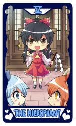 Rule 34 | 3girls, :d, ahoge, ascot, black hair, blue eyes, blue hair, bow, box, brown eyes, card (medium), cirno, collared shirt, colonel aki, detached sleeves, donation box, frilled bow, frilled skirt, frills, gohei, hair bow, hakurei reimu, heart, ibuki suika, long hair, looking at viewer, multiple girls, nontraditional miko, open mouth, orange hair, red bow, red shirt, red skirt, shirt, skirt, sleeveless, sleeveless shirt, smile, tarot, tarot (medium), the hierophant (tarot), touhou, wide sleeves, yellow ascot, yellow eyes