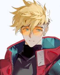 1boy black_shirt blonde_hair blue_eyes citronplanet coat earrings highres jewelry male_focus multicolored_hair open_clothes open_coat orange-tinted_eyewear prosthesis prosthetic_arm red_coat round_eyewear shirt short_hair simple_background single_earring solo tinted_eyewear trigun trigun_stampede turtleneck two-sided_fabric two-tone_hair undercut upper_body vash_the_stampede white_background zipper