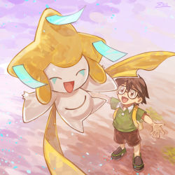 1boy :d black-framed_eyewear brown_eyes brown_hair brown_shorts collared_shirt commentary_request gen_3_pokemon glasses green_shirt happy jirachi legendary_pokemon male_focus max_(pokemon) mythical_pokemon nintendo open_mouth outstretched_arms oyasuminjyutsu pokemon pokemon:_jirachi:_wish_maker pokemon_(anime) pokemon_(creature) pokemon_rse_(anime) shirt shoes short_hair short_sleeves shorts signature smile standing tongue