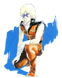 1980s_(style) 1boy boots gloves gundam highres ink_(medium) insignia kneeling looking_at_viewer male_focus manly marker_(medium) military military_uniform mullet oldschool production_art quattro_bajeena retro_artstyle scan science_fiction signature sunglasses traditional_media vest yasuhiko_yoshikazu zeta_gundam