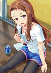 1girl arm_support black_bra black_pantyhose blush bon_p bra bra_peek bra_strap breasts brown_eyes brown_hair can clothes_pull collarbone dolphin_shorts exhausted from_above hairband hand_up highres hot idolmaster idolmaster_(classic) idolmaster_million_live! idolmaster_million_live!_theater_days long_hair looking_at_viewer looking_up minase_iori open_mouth pantyhose pink_hairband print_shirt shadow shirt shirt_pull short_shorts short_sleeves shorts sitting small_breasts solo sports_drink star_(symbol) star_print sweat towel two-tone_shorts underwear white_shirt window wooden_floor
