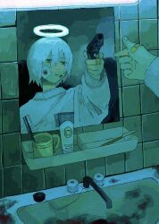 Rule 34 | 1boy, aiming, arm up, bags under eyes, bandaid, bandaid on hand, bathroom, black eyes, blood, blood on face, blue halo, blue theme, closed mouth, coffee mug, cup, different reflection, dot nose, drain plug, empty eyes, expressionless, faucet, finger gun, finger on trigger, fluorescent lamp, gauze, gauze on cheek, glowing, glowing halo, green theme, gun, hair between eyes, halo, handgun, highres, holding, holding gun, holding weapon, kojima midoriko, light, long sleeves, looking at mirror, medium hair, mirror, mug, original, pointing, puffy long sleeves, puffy sleeves, razor, reflection, sad, shaded face, short hair, sink, solo, sweater, tile wall, tiles, toothbrush, toothpaste, weapon, white sweater
