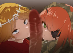 Rule 34 | 2girls, artificial eye, blonde hair, blue eyes, camouflage headwear, camouflage scarf, censored, circlet, cloak, cooperative facejob, cz2128 delta, eyepatch, fellatio, green eyes, irrumatio, maid, maid headdress, mechanical eye, multiple girls, neia baraja, oral, overlord (maruyama), penis on face, pink hair, red cloak, sanpaku, short hair, silver circlet, tori (minamopa)