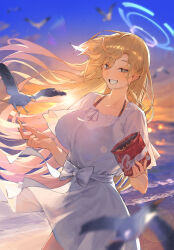 1girl absurdres asuna_(blue_archive) beach bird black_bra blonde_hair blue_archive blurry blurry_background blush bow bra bra_visible_through_clothes breasts commentary depth_of_field dress dress_bow floating_hair ggz_(gguzal_95) grin halo highres large_breasts long_hair looking_at_viewer outdoors seagull see-through_silhouette short_sleeves smile snack solo straight_hair sunset underwear very_long_hair white_dress