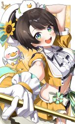 1girl :d animal animal_on_head arm_up beret black_bow black_bowtie black_hair black_shorts blue_eyes bow bowtie brooch center_frills commentary_request cropped_jacket cropped_shirt flower_brooch frilled_gloves frilled_shirt frilled_skirt frills garter_straps gloves hat highres holding holding_baton hololive idol jacket jewelry kito_koruta looking_at_viewer marching_band_baton midriff navel official_alternate_costume on_head oozora_subaru oozora_subaru_(starlight) open_mouth overskirt pinstripe_pattern pinstripe_shirt pinstripe_skirt shirt short_hair short_sleeves shorts showgirl_skirt skirt smile solo striped_bow striped_bowtie striped_clothes suba_tomo_(big) suba_tomo_(small) suspender_shorts suspenders swept_bangs teeth upper_teeth_only virtual_youtuber white_bow white_bowtie white_garter_straps white_gloves white_hat white_shirt yellow_jacket yellow_skirt