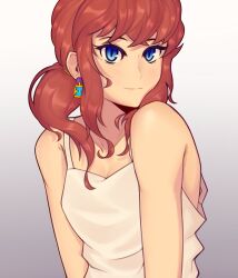 1girl a_hat_in_time aged_up arms_at_sides bare_shoulders blue_eyes breasts brown_hair cleavage closed_mouth commentary dress earrings english_commentary eyelashes fujimna gradient_background grey_background hair_tie hat_kid highres hourglass_earrings jewelry light_smile long_hair looking_at_viewer looking_to_the_side ponytail sidelocks sleeveless sleeveless_dress small_breasts solo spaghetti_strap sundress upper_body white_background white_dress