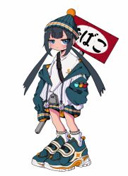 1girl aqua_hat aqua_jacket aqua_shoes bandaid bandaid_on_cheek bandaid_on_face beanie blue_eyes breasts carhartt closed_mouth dice drawstring eyes_visible_through_hair full_body grey_hair hat highres holding holding_sign hood hood_down hooded_jacket jacket jitome long_hair long_sleeves low_twintails nao97122 off_shoulder open_clothes open_jacket original pom_pom_(clothes) shirt shoes sidelocks sign simple_background sleeves_past_fingers sleeves_past_wrists small_breasts sneakers socks solo standing streetwear twintails white_background white_jacket white_shirt white_socks zipper_pull_tab