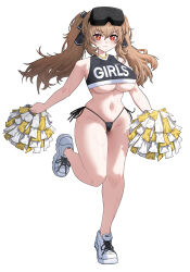 1girl absurdres alternate_costume black_panties black_shirt blush breasts brown_hair cheerleader closed_mouth commentary_request crop_top cropped_shirt darue girls&#039;_frontline girls&#039;_frontline_2:_exilium hair_between_eyes head-mounted_display heart heart-shaped_pupils highres holding holding_pom_poms korean_commentary large_breasts lenna_(girls&#039;_frontline_2) long_hair looking_at_viewer navel panties pom_pom_(cheerleading) pom_poms red_eyes shirt shoes side-tie_panties simple_background sleeveless sleeveless_shirt smile solo standing standing_on_one_leg sweat symbol-shaped_pupils thighs twintails ump9_(girls&#039;_frontline) underboob underwear white_background white_shoes