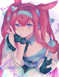 Rule 34 | 1girl, :o, animal ears, arknights, bare shoulders, black gloves, black necktie, blue hairband, blue nails, blue shirt, breasts, cleavage, commentary, detached collar, double v, elbow rest, eyelashes, fingerless gloves, gloves, hair between eyes, hair intakes, hairband, head rest, highres, jacket, large breasts, light blush, long hair, long sidelocks, looking at viewer, necktie, off-shoulder shirt, off shoulder, pantyhose, parted lips, pink hair, purple eyes, rabbit ears, ray (arknights), ray (dreaming high) (arknights), shirt, sidelocks, solo, tochi (tochitochi2523), twintails, v, white jacket, white pantyhose