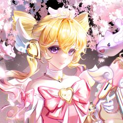 1girl absurdres bare_shoulders blonde_hair bow bowtie bracelet brooch cherry_blossoms chinese_commentary closed_mouth collar collarbone commentary_request cute_weapon detached_collar detached_sleeves drill_hair eyelashes feather_sleeves gloves gold_bracelet gun hair_between_eyes hair_ornament handgun happy heart heart_brooch heart_hair_ornament heart_sticker highres holding holding_gun holding_weapon jewelry light_blush light_particles lipstick long_hair loose_hair_strand magical_girl makeup mercy_(overwatch) night official_alternate_costume outdoors overwatch pink_bow pink_bowtie pink_lips pink_mercy purple_eyes shark sleeve_bow smile solo songli_naiwei sparkle spring_(season) sticker_on_face tree twin_drills upper_body wavy_hair weapon white_collar white_gloves white_sleeves wing_hair_ornament yellow_brooch
