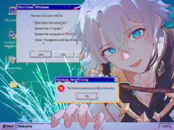 Rule 34 | 1boy, antenna hair, armor, black choker, black shirt, blue eyes, choker, coat, commentary, fourth wall, glitch, hazozoyaku, highres, honkai: star rail, honkai (series), looking at viewer, male focus, neck tattoo, parted bangs, pauldrons, phainon (honkai: star rail), shirt, short hair, shoulder armor, single pauldron, solo, sun symbol, sun tattoo, tan, tattoo, through medium, through screen, white coat, white hair