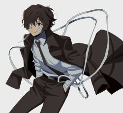 1boy bandage_over_one_eye bandaged_arm bandaged_neck bandages belt betti_(xx_betti) black_coat black_hair black_necktie black_pants bungou_stray_dogs coat coat_on_shoulders collared_shirt dazai_osamu_(bungou_stray_dogs) gauze gauze_on_cheek grey_background hair_between_eyes highres looking_at_viewer male_focus necktie pants shirt simple_background solo white_shirt
