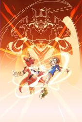 blue_hoodie brown_eyes brown_hair digimon digimon_(creature) digimon_tamers dinosaur dukemon evolutionary_line goggles goggles_on_head guilmon henshin highres hood hoodie matsuda_takato megane_mochi red_background simple_background transformation