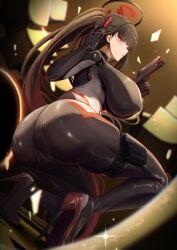 1girl absurdres ass black_bodysuit black_hair blue_archive blunt_bangs blush bodysuit breasts bright_pupils gun halo handgun highres huge_ass huge_breasts kuutamo long_hair m1911 official_alternate_costume parted_lips ponytail red_eyes ringed_eyes rio_(blue_archive) rio_(bodysuit)_(blue_archive) skin_tight solo thighs very_long_hair weapon