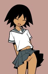 1girl akableak arms_behind_back black_hair brown_background cleft_of_venus closed_eyes clothes_lift cowboy_shot dark-skinned_female dark_skin facing_viewer fang grey_sailor_collar grey_skirt midriff_peek miniskirt navel no_panties pleated_skirt pussy pussy_peek sailor_collar sayonara_zetsubou_sensei school_uniform sekiutsu_maria_tarou serafuku shirt short_hair short_sleeves simple_background skirt skirt_lift smile solo spiked_hair standing white_shirt