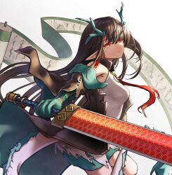 1girl adversarial_noise arknights bare_shoulders black_hair closed_mouth colored_extremities commentary dragon_girl dragon_horns dragon_tail dress dusk_(arknights) earrings green_hair highres holding holding_sword holding_weapon horns jewelry long_hair looking_at_viewer multicolored_hair necktie off_shoulder ovolo123 pointy_ears red_eyes red_necktie scroll sleeveless sleeveless_dress solo streaked_hair sword tail torn_clothes torn_dress torn_necktie watermark weapon white_background white_dress