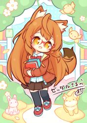 1girl :d absurdres aikei_ake animal animal_ear_fluff animal_ears bird black_thighhighs blush book bookshelf brown_hair brown_jacket brown_skirt chibi collared_shirt commission dress_shirt fox full_body glasses highres hood hood_down hooded_jacket hugging_object jacket long_hair marika_(zeddaru) open_clothes open_jacket open_mouth orange_eyes original pleated_skirt rabbit red-framed_eyewear red_shoes school_uniform second-party_source shirt shoes skeb_commission skirt smile solo tail thighhighs very_long_hair walking white_shirt