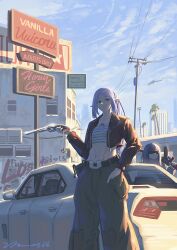 Rule 34 | 2girls, absurdres, air conditioner, aircraft, artist name, assault rifle, belt, black belt, black jacket, buffalo s (grand theft auto), building, car, city, cityscape, closed mouth, contemporary, cropped jacket, cropped shirt, elf, fern (sousou no frieren), frieren, grand theft auto, grand theft auto v, green pants, gun, hand in pocket, handgun, helicopter, highres, himmel (sousou no frieren), holding, holding gun, holding weapon, jacket, long hair, long sleeves, motor vehicle, multiple girls, muscle car, navel, palm tree, pants, parody, parted bangs, pointy ears, ponytail, power lines, revolver, rifle, shirt, skyscraper, sousou no frieren, stomach, striped clothes, striped shirt, tree, user kyxw3427, utility pole, watermark, weapon, window