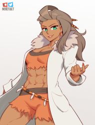 1girl abs aqua_eyes artist_name breasts brown_hair cleavage crop_top cutoffs dark-skinned_female dark_skin earrings female_focus forehead fur_collar gluteal_fold green_eyes grey_background hair_pulled_back hair_slicked_back jewelry lab_coat light_brown_hair lips long_hair looking_at_viewer medium_breasts midriff muscular muscular_female nail_polish navel necklace nintendo nortuet orange_nails patreon_logo patreon_username pokemon pokemon_sv sada_(pokemon) simple_background smile solo standing tan tareme teeth thigh_gap twitter_logo twitter_username watermark