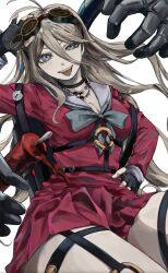 Rule 34 | 1girl, antenna hair, arm belt, barbed wire, belt, blonde hair, blue eyes, breasts, choker, commentary, danganronpa (series), danganronpa v3: killing harmony, eyelashes, fingerless gloves, foreshortening, gloves, goggles, goggles on head, hair between eyes, half-closed eye, hand on own hip, highres, iruma miu, large breasts, long hair, long sleeves, looking at viewer, multiple belts, muted color, o-ring, o-ring belt, pink serafuku, pink shirt, school uniform, serafuku, shirt, skirt, smile, solo, teeth, thigh belt, thigh strap, thighs, tongue, tongue out, umesigeissei, very long hair, white background