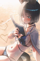 1girl absurdres animal_ear_fluff animal_ears bikini blue_archive blue_bikini blue_nails blush book breasts cat_ears cat_girl cat_tail cleavage closed_mouth domi_(hongsung0819) grey_haori highres holding holding_book kikyou_(blue_archive) kikyou_(swimsuit)_(blue_archive) large_breasts looking_at_viewer multiple_tails navel official_alternate_costume on_ground parted_bangs sand short_hair sitting solo stomach swimsuit tail two_tails