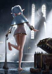 1girl absurdres altar ass backlighting bare_legs barefoot black_pantyhose blurry blurry_background boots bottomless candle capelet elf excessive_saliva fangs feet frieren from_behind gold_trim grey_hair highres holding holding_unworn_clothes indoors leg_up light_particles light_rays linoir long_hair long_pointy_ears mimic mimic_chest no_panties pants pantyhose pointy_ears saliva saliva_trail see-through_clothes sharp_teeth soles solo sousou_no_frieren standing standing_on_one_leg statue teardrop_earrings teeth thighs toes twintails undressing unworn_boots unworn_pants unworn_pantyhose wet wet_clothes white_capelet window