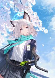 1girl abydos_high_school_logo an_yasuri animal_ears bicycle blue_archive closed_mouth day highres outdoors scarf school_uniform shiroko_(blue_archive) skirt solo