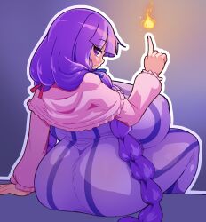 Rule 34 | 1girl, ass, blunt bangs, braid, breasts, capelet, dress, fire, frown, gigantic breasts, highres, huge ass, index finger raised, long hair, looking back, magic, masked agent, no headwear, patchouli knowledge, purple eyes, purple hair, shortstack, sitting, solo, striped clothes, striped dress, touhou, twin braids, vertical-striped clothes, vertical-striped dress, very long hair