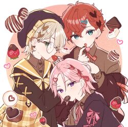 Rule 34 | 3boys, amagi hiiro, blonde hair, braid, brown jacket, brown shirt, chocolate, ensemble stars!, food, food in mouth, fruit, glass, green eyes, hair ornament, hair ribbon, hairclip, heart, heart hair ornament, highres, holding, holding chocolate, holding food, jacket, looking at viewer, male focus, multiple boys, open mouth, oukawa kohaku, pink hair, pink ribbon, purple eyes, red hair, red ribbon, ribbon, ribbon braid, round eyewear, sailor collar, shiratori aira (ensemble stars!), shirt, shisokonbu, strawberry, yellow sailor collar