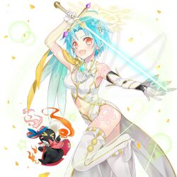 1girl :d arm_up armpits ass bare_shoulders blue_hair blush boots breasts cleavage confetti detached_collar earrings elbow_gloves gloves hair_ornament high_heel_boots high_heels holding holding_sword holding_weapon jewelry leg_up leotard looking_at_viewer medium_breasts merueto multicolored_hair necklace non-web_source open_mouth orange_eyes petals red_eyes sapphire_(uchihime) short_hair short_hair_with_long_locks sideboob simple_background sleeveless small_breasts smile solo standing standing_on_one_leg sword tattoo thigh_boots thighhighs uchi_no_hime-sama_ga_ichiban_kawaii weapon white_background white_gloves white_leotard wings