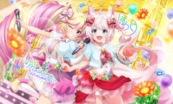 Rule 34 | 2girls, :d, ahoge, animal ear fluff, animal ears, artist request, balloon, blonde hair, blue eyes, blue shirt, bow, buttons, cat ears, cat girl, cat tail, character name, cowboy shot, crop top, drill hair, falling flower, floral print, flower, flower necklace, fox ears, fox girl, fox tail, frilled skirt, frills, grin, hair bow, holding, holding microphone, howan (show by rock!!), jewelry, lei, lens flare, locked arms, long hair, looking at viewer, mashima himeko (show by rock!!), microphone, multicolored hair, multiple girls, neckerchief, necklace, necktie, official art, open mouth, outstretched arm, pink hair, pink nails, pink necktie, pink skirt, red eyes, red neckerchief, red skirt, shirt, short hair, show by rock!!, side ponytail, skirt, smile, sparkle, stage, standing, tail, third-party source, two-tone hair, v, white shirt