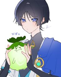 Rule 34 | 1boy, aqua gemstone, aranara (genshin impact), black bodysuit, black hair, blue cape, blue kimono, blue sleeves, blunt ends, bodysuit, cape, closed mouth, creature, gem, genshin impact, gold, gold ring, hands up, highres, holding, holding creature, japanese clothes, juban, kimono, layered sleeves, looking at creature, male focus, mandarin collar, middle ring, nero hanken, open clothes, open kimono, pom pom (clothes), purple eyes, scaramouche (genshin impact), short sleeves, sketch, solo, upper body, vision (genshin impact), wanderer (genshin impact), watermark, white background, white kimono, white sleeves, wispy bangs
