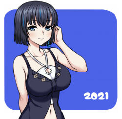 1girl 2021 alternate_breast_size arm_behind_back black_hair blue_eyes blue_hair breasts cleavage commentary_request crop_top halterneck kakuchou_shoujo-kei_trinary kunimasa_ayami large_breasts multicolored_hair navel short_hair smile solo streaked_hair tanaka_gorbachev twintails upper_body