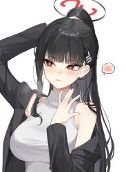1girl absurdres black_hair black_jacket blue_archive blush ddungddang fanning_self hair_ornament hairclip highres holding holding_own_hair jacket long_hair parted_lips ponytail red_eyes rio_(blue_archive) shirt sidelocks single_bare_shoulder sleeveless sleeveless_shirt solo sweat turtleneck turtleneck_shirt upper_body white_shirt