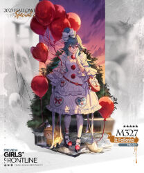 1girl 1other 2023 aqua_hair axe balloon bandaged_leg bandages black_shoes bow breasts character_name cleavage clown commentary copyright_name cosplay dog dress dusk english_commentary english_text foliage full_body georgie_denbrough georgie_denbrough_(cosplay) girls&#039;_frontline gloves grin hair_between_eyes hair_bow hair_ornament hairclip halloween hand_on_own_face heart heart_balloon high_heels highres holding holding_balloon it_(stephen_king) long_hair looking_at_viewer m327_(girls&#039;_frontline) m327_(it_follows)_(girls&#039;_frontline) makeup medium_breasts official_alternate_costume official_art pantyhose paper_boat pennywise pennywise_(cosplay) pom_pom_(clothes) raincoat red_bag red_eyes rubik&#039;s_cube second-party_source shoes simple_background smile solo standing star_(symbol) storm_drain transparent_background trick_or_treat water when_you_see_it white_bow white_dress white_gloves white_pantyhose whoisshe yellow_raincoat