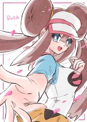 1girl blue_shirt character_name cowboy_shot donut_hair_bun double_bun from_behind hair_bun highres long_hair looking_at_viewer looking_back multicolored_shirt ngo_(ngo_hotategoya) nintendo pink_petals pink_shirt poke_ball_print pokemon pokemon_bw2 print_shirt reaching reaching_towards_viewer rosa_(pokemon) shirt simple_background solo twintails very_long_hair visor_cap white_background white_hair white_shirt