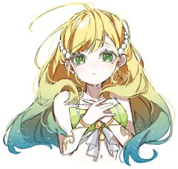 1girl ahoge bare_shoulders blonde_hair bracelet cropped_torso crying crying_with_eyes_open green_eyes hair_ornament highres jewelry kathrina_griebel long_hair looking_at_viewer multicolored_hair nogiro_(usa_ru) own_hands_together parted_lips simple_background sleeveless solo tears upper_body white_background world_dai_star