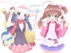 2girls :d ahoge bag beanie black_hair blush bracelet brown_hair buneary character_name character_request clenched_hand commentary crossover dawn_(pokemon) duffel_bag gen_4_pokemon green_eyes hat highres holding holding_poke_ball jacket jewelpet_(creature) jewelpet_(series) jewelry long_hair long_sleeves looking_at_viewer mipi_(u3u_00) multiple_girls nintendo open_clothes open_jacket open_mouth pachirisu pink_skirt piplup pleated_skirt poke_ball pokemon pokemon_(creature) pokemon_dppt red_scarf sakura_akari scarf shirt skirt sleeveless sleeveless_shirt smile symbol-only_commentary translation_request twintails white_background white_hat yellow_bag