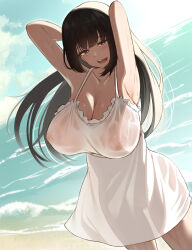Rule 34 | 1girl, armpits, arms up, bare arms, beach, black hair, blue sky, blush, breasts, brown eyes, cleavage, cloud, collarbone, commentary request, covered erect nipples, day, dress, dutch angle, highres, horizon, large breasts, long hair, moruta (sunu-pio), nipples, ocean, original, outdoors, see-through clothes, sidelocks, sky, smile, solo, standing, sundress, teeth, upper teeth only, wet, wet clothes, wet dress, white dress