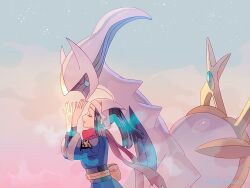1girl akari_(pokemon) arceus black_hair black_sash blue_jacket closed_eyes creatures_(company) from_side galaxy_expedition_team_survey_corps_uniform game_freak gen_4_pokemon gradient_sky headscarf jacket legendary_pokemon long_hair mythical_pokemon nintendo open_mouth outdoors p0ke_a0210 pokemon pokemon_(creature) pokemon_legends:_arceus ponytail red_scarf sash scarf sky smile star_(sky) starry_sky twilight twitter_username white_headscarf