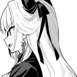 1girl admiral_zenker_(azur_lane) azur_lane azur_lane:_slow_ahead breasts cleavage dress earrings greyscale hair_ribbon hori_(hori_no_su) horns jewelry large_breasts long_sleeves monochrome official_art ribbon simple_background solo white_background