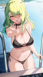 1girl antlers bikini black_bikini black_choker blush breasts ceres_fauna choker cleavage collarbone flower green_hair hair_flower hair_ornament highres hololive hololive_english horns large_breasts leaf lessone mole mole_under_eye navel open_mouth pool pool_ladder solo stomach swimsuit virtual_youtuber water wet yellow_eyes
