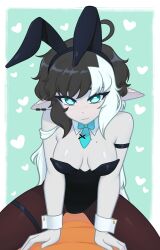 1girl :3 absurdres animal_ear_hairband animal_ears bare_shoulders black_hair black_hairband black_leotard blue_eyes breasts breasts_apart buttoned_cuffs buttons carrot closed_mouth colored_skin commentary detached_collar earrings english_commentary fake_animal_ears hairband heart highres jewelry leotard long_hair looking_at_viewer multicolored_hair original pantyhose playboy_bunny pointy_ears rabbit_ears solo strapless strapless_leotard two-tone_hair white_hair white_skin wrist_cuffs xyronii