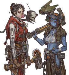 2girls absurdres adeptus_mechanicus belt black_eyes black_hair blowing_bubbles breasts chest_harness chewing_gum colored_sclera covered_erect_nipples drone gloves grey_hair hammer harness highres hood hood_down jacket long_sidelocks looking_at_viewer mechanic medium_breasts mossacannibalis multiple_girls orange_eyes pants robe saw see-through_clothes shirt sidelocks smoking t&#039;au warhammer_40k welding_mask white_background yellow_sclera