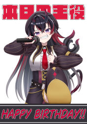1girl absurdres belt black_belt black_corset black_hair black_horns black_jacket black_thighhighs blush breasts center_frills commentary_request corset crossed_bangs cuore_0624 demon_girl demon_horns demon_tail foot_out_of_frame frills grin happy_birthday highres holding holding_microphone horns jacket juliet_sleeves long_hair long_sleeves looking_at_viewer medium_breasts microphone multicolored_hair nanashi_inc. necktie puffy_sleeves purple_eyes red_hair red_necktie ryugasaki_rene ryugasaki_rene_(4th_costume) shirt shoes simple_background smile solo tail thighhighs two-tone_hair virtual_youtuber white_background white_shirt yellow_shoes