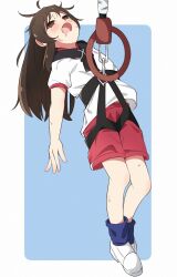 1girl blue_background blue_socks blush border brown_eyes brown_hair bungee_cord commentary drooling empty_eyes fainted hanging harness highres idolmaster idolmaster_cinderella_girls idolmaster_cinderella_girls_u149 long_hair looking_afar messy_hair open_mouth red_shorts shirt short_sleeves shorts sidelocks socks solo sweat tachibana_arisu white_border white_footwear white_shirt x_x yairo_ju